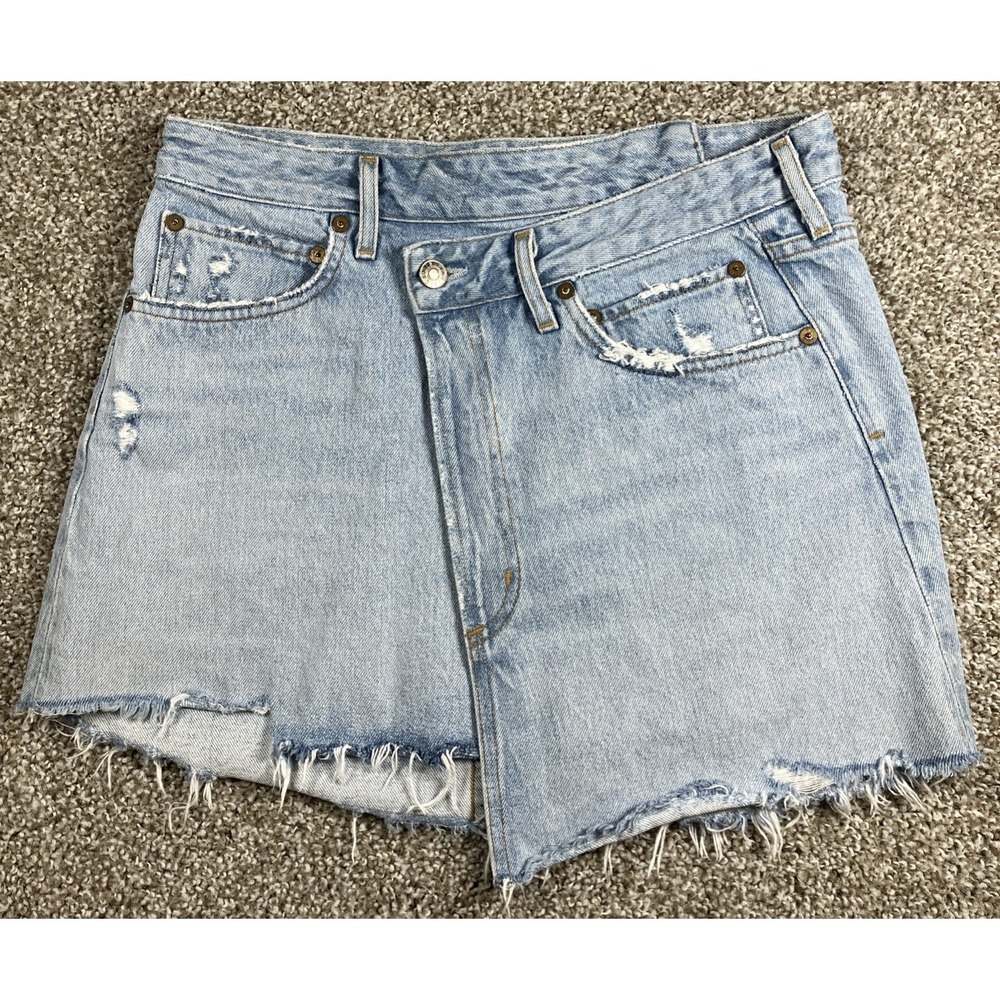 AGOLDE Criss Cross Blue Denim Wrap Skirt Distressed Frayed Size 27 Fits 30 Waist